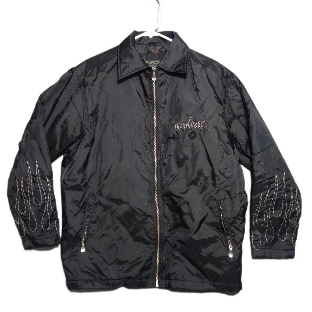 Vintage No Fear Y2K Flame Embroidered Full-Zip Skater Windbreaker Jacket Small